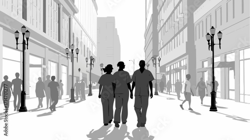Dedicated medical team walking together on city street, promising compassionate care and community health