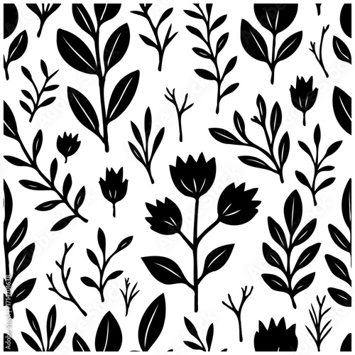 Seamless botanical foliage pattern exhibiting a stylized monochrome design showcasing various