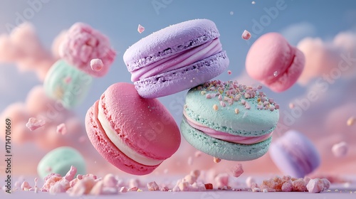 Colorful macarons floating in the air, surrounded by scattered crumbs, with a whimsical pastel backdrop creating a playful and dreamy vibe