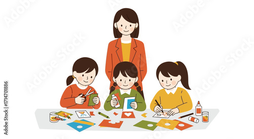 Vector art of teacher and children doing arts and crafts at a table