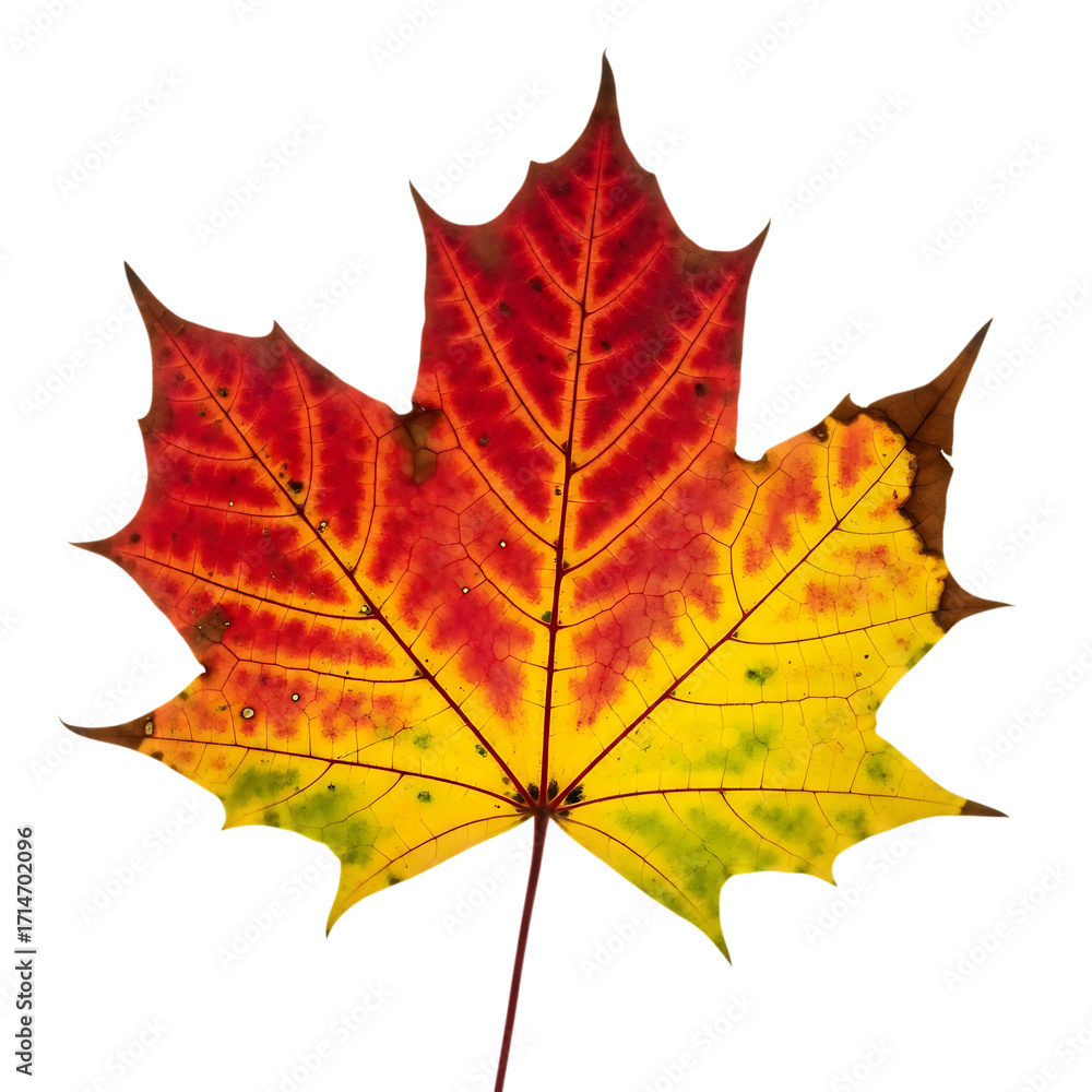 Obraz premium Vibrant maple leaf isolated on transparent background, displaying a stunning gradient of red, orange, and yellow hues, symbolizing the beauty and transition of the autumn season