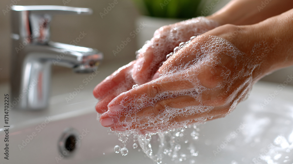 Fototapeta premium Close-Up of Hands Washing with Soap in White Sink