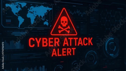 A visual representation of a cyber attack alert with a skull symbol against a backdrop of digital data and a world map.