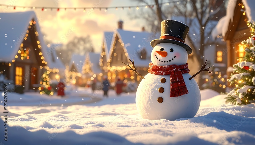 Obraz premium Cheerful snowman stands in a charming winter village scene, adorned with warm holiday lights and fresh snowfall.