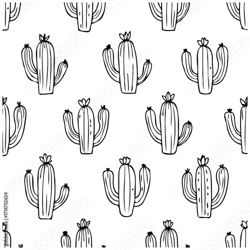 Seamless pattern featuring sketched cactus plants ideal for textile design or minimalistic