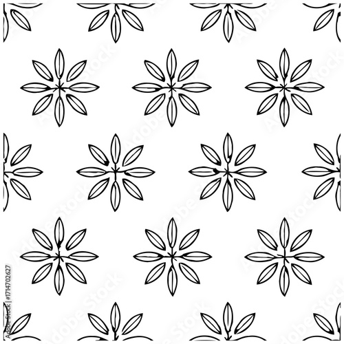 Seamless pattern of abstract floral elements radiating outwards creating a decorative surface and