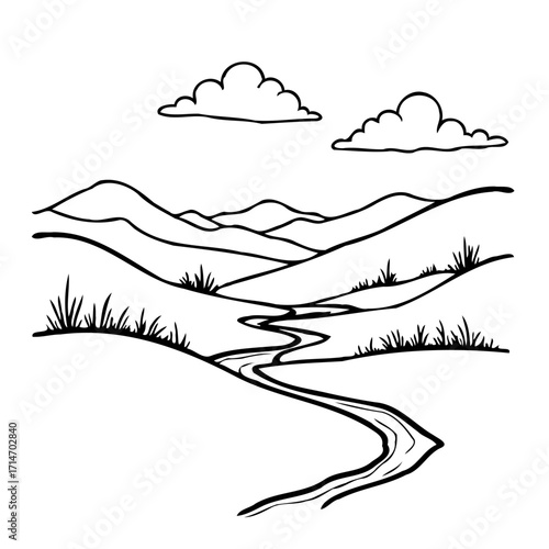 Serene hand drawn landscape of winding river meandering through gentle hills beneath fluffy clouds