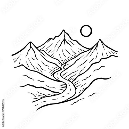 Serene mountainscape outline art with winding river and minimalist celestial orb under a black and