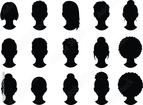 Collection of fifteen male and female avatar silhouettes featuring diverse hairstyles, bun, ponytail, afro, short and medium length profiles