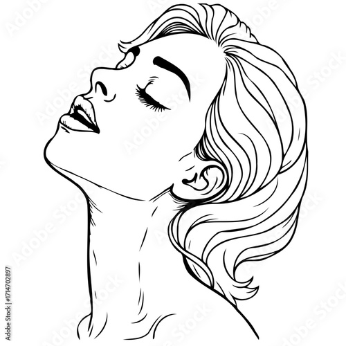Serene woman gazes upwards graceful contours artwork a minimalist illustration with stylized hair