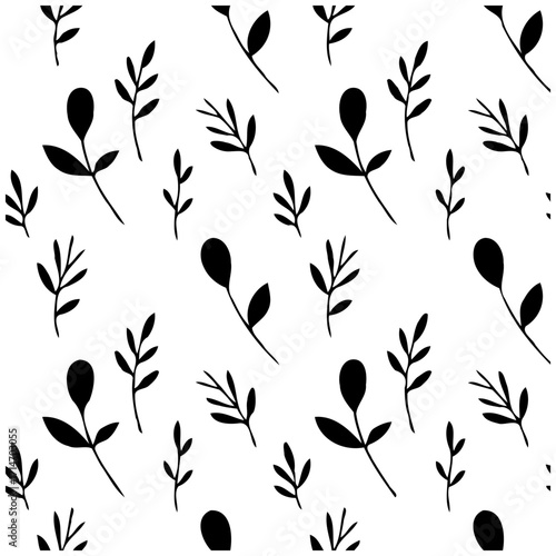 Simple botanical pattern with small black plants and leaves scattered on a plain white background