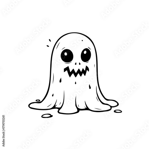 Simple line drawing showing cute white ghost with big round eyes and toothy grin isolated on white