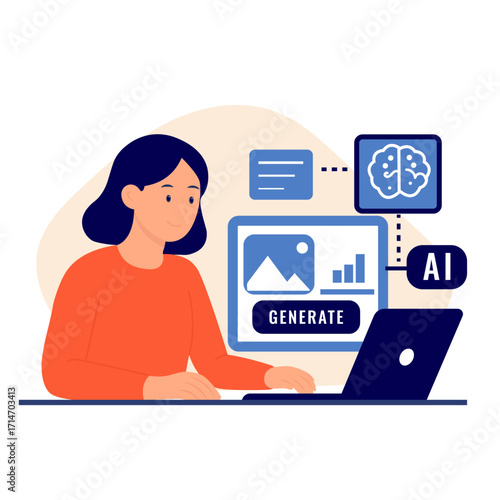 Vector design Woman using AI tool on laptop to generate content