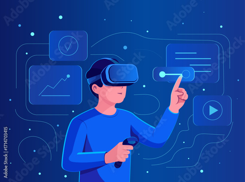 Vector design Virtual reality user interacting with holographic interface panels