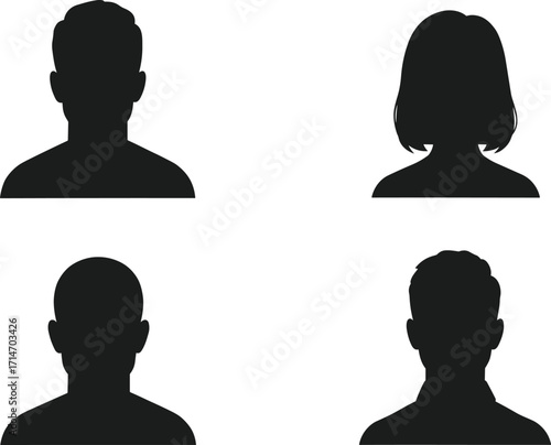 Vector silhouette collection of male and female bust avatars, simple black icons for profile pictures, social media, business identity