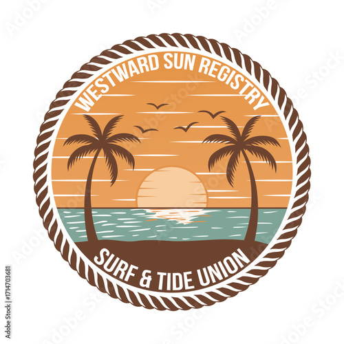 Sunset beach scene logo featuring palm trees and ocean waves perfect for summer and travel branding