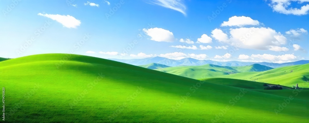 Obraz premium Serene landscape of rolling green hills under a clear blue sky; perfect for relaxation and escaping daily pressures A tranquil scene promoting peace and calm , environment, field