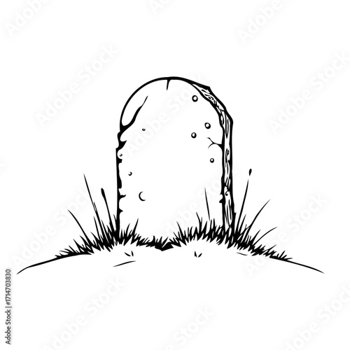 Solitary weathered headstone silhouette amidst overgrown grass depicting somber memorial scene