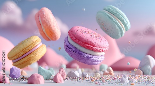 Colorful macarons floating in the air, surrounded by scattered crumbs, with a whimsical pastel backdrop creating a playful and dreamy vibe