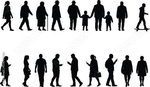 Silhouette collection of diverse walking people including men, women, children, elderly with cane, skateboard rider, pedestrians using smartphones