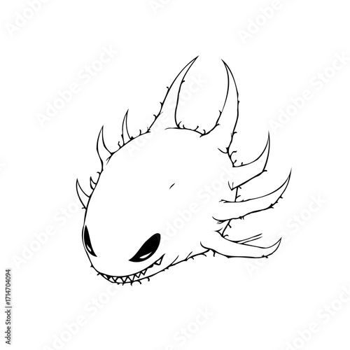 Stylized aquatic creature illustration, showcasing sharp spines, menacing eyes, and intricate line