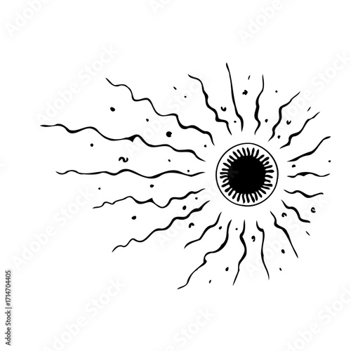 Stylized celestial body emanating light beams and wavy trails cosmic artistic representation