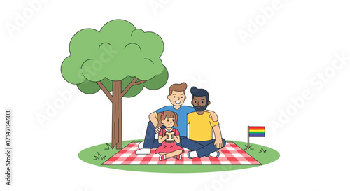 Vector art of gay couple with child having picnic in park with pride flag