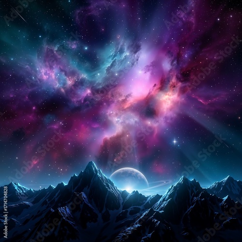 Spectacular Starry Nebula Over Mountain Range with Blue Planet
