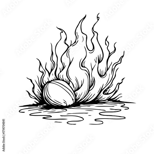 Stylized depiction of oval stone engulfed by twisting flames in a monochrome graphic