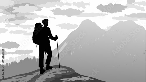 Stunning mountain vista with hiker, adventure awaits, explore the outdoors, conquer the peak