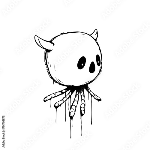 Stylized devilish creature with tentacles monochrome artwork embodying playful weirdness in