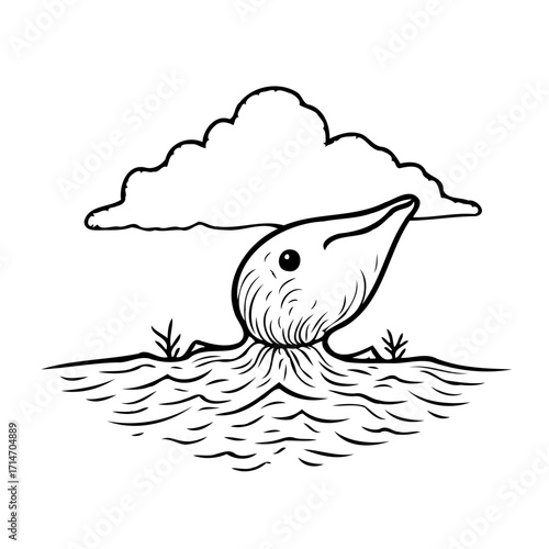 Stylized depiction of an animal rising from the water under a cloud for children illustrations