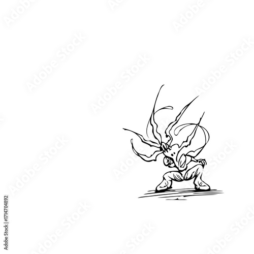 Stylized figure in an expressive stance with tendrils emanating a powerful artistic representation