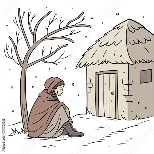 A young girl sits alone in the snow outside a small hut under a bare tree