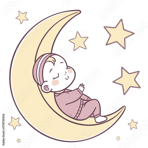 Adorable baby sleeping peacefully on a crescent moon surrounded by twinkling stars in a gentle pastel color palette
