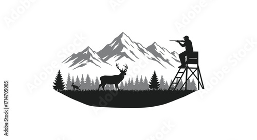 Hunter in elevated stand overlooking deer and mountainous landscape illustration
