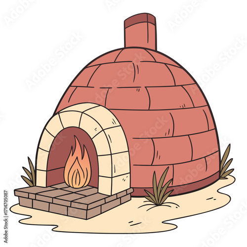 Cartoon illustration of a rustic brick oven with a warm fire glowing inside and a chimney