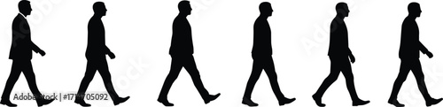 Silhouette of men walking in different poses, side view illustration of human body movement, vector people walking sequence set