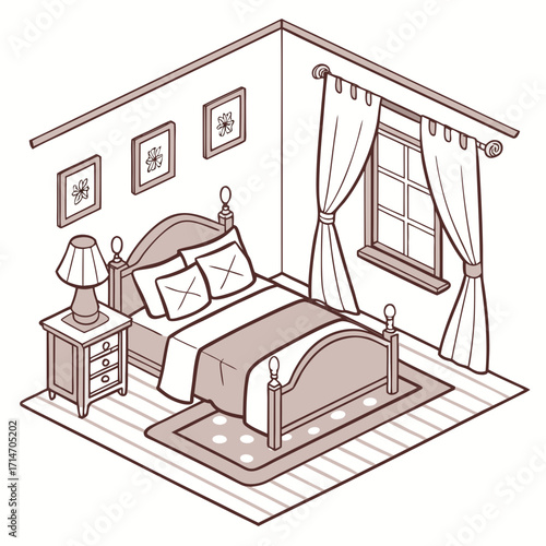 Cozy isometric bedroom scene with bed nightstand lamp window curtains and wall art