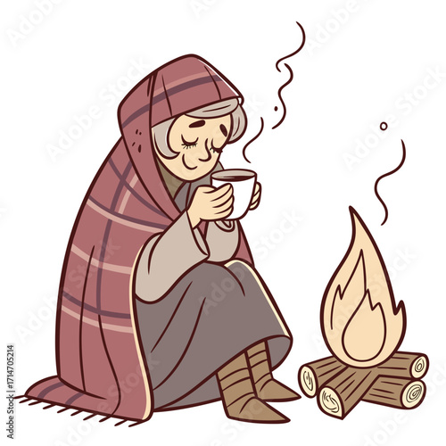Cozy elderly woman wrapped in a plaid blanket enjoying a warm drink by a crackling campfire