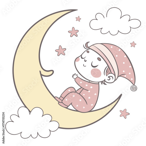 Cute baby wearing a sleep cap and pajamas sleeping peacefully on a crescent moon surrounded by stars and clouds