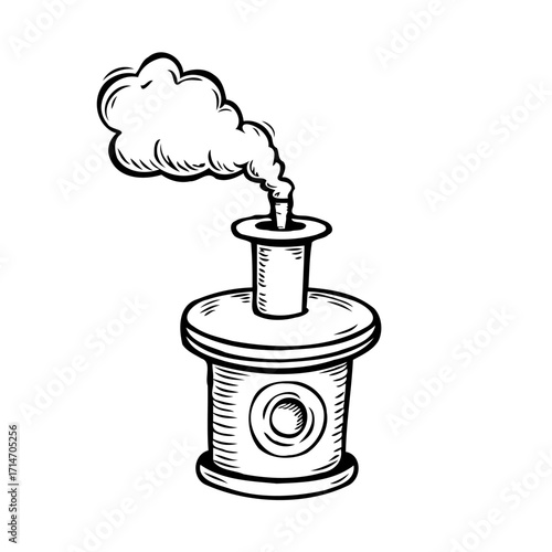 Stylized industrial exhaust system with a smokestack emitting smoke, illustrative outline
