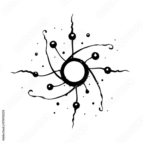 Stylized ink blot radiating design abstract black and white illustration decorative element a