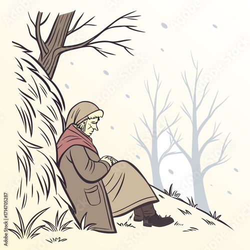 Elderly woman wearing a thick coat and scarf sitting in the snow under a bare tree