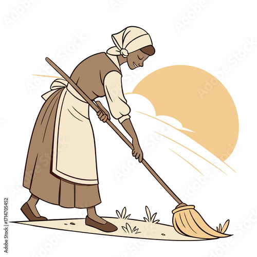 Illustration of a woman in historical clothing sweeping the ground outdoors with a broom during a sunny day