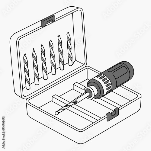 Isometric view of a drill bit set with a handle and case for woodworking and diy projects