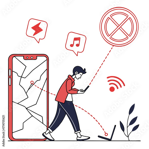 Man with broken phone and laptop connecting to wi fi with prohibition symbol above