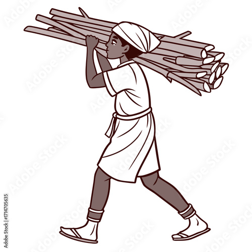 Person carrying a large bundle of firewood on their shoulders walking across a white background