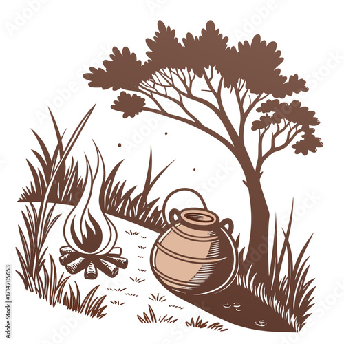 Rustic campfire scene with a clay pot and tree in a grassy outdoor setting