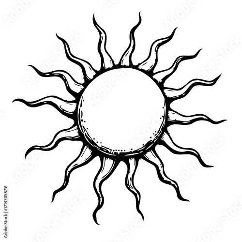 Stylized sun illustration evoking celestial energy and warmth in simple black and white artistic